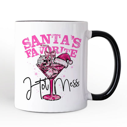 Santa's Favorite Hot Mess Personalized Mug, Pink Martini Retro Disco Christmas Gift with Custom Name