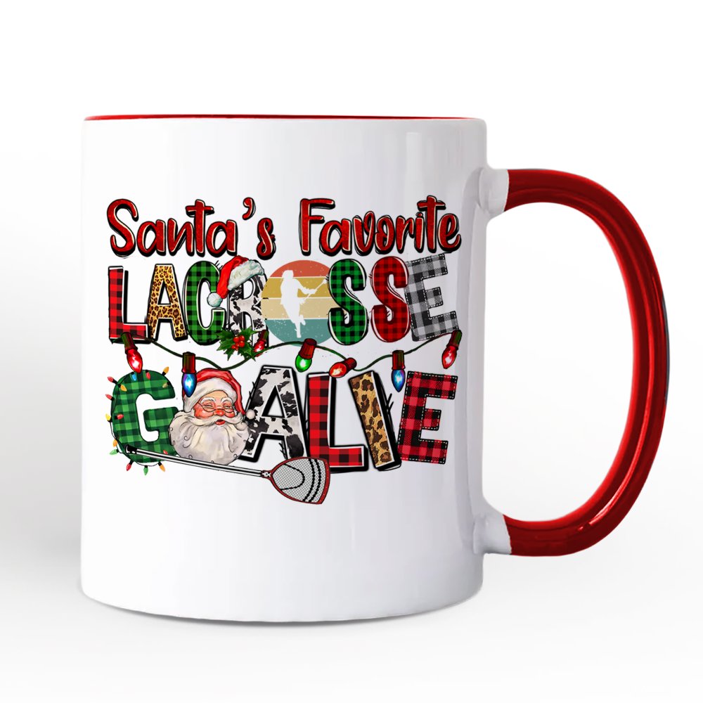 Santa's Favorite Lacrosse Goalie Personalized Mug, Plaid Christmas Athelete Gift with Custom Name
