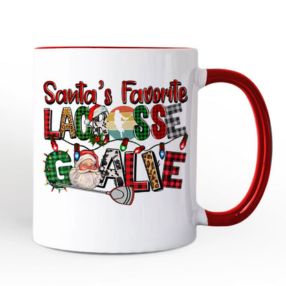 Santa's Favorite Lacrosse Goalie Personalized Mug, Plaid Christmas Athelete Gift with Custom Name