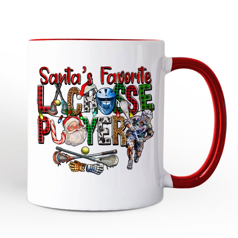 Santa's Favorite Lacrosse Player Personalized Mug, Plaid Christmas Athlete Gift with Custom Name