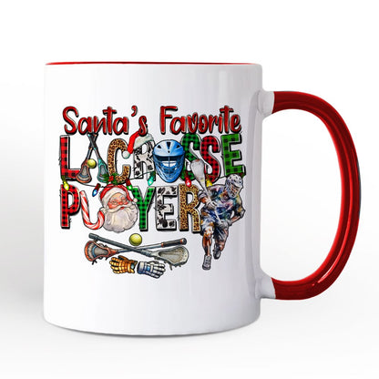 Santa's Favorite Lacrosse Player Personalized Mug, Plaid Christmas Athlete Gift with Custom Name