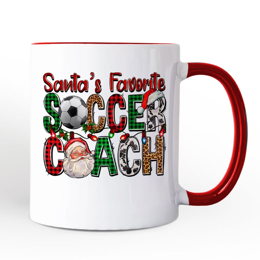 Santa's Favorite Soccer Coach Personalized Mug, Plaid Christmas Football Gift with Custom Name