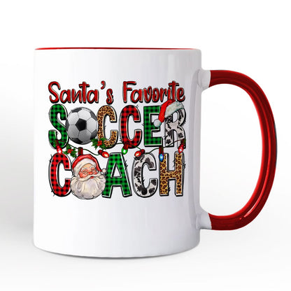Santa's Favorite Soccer Coach Personalized Mug, Plaid Christmas Football Gift with Custom Name