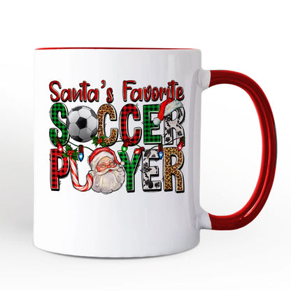 Santa's Favorite Soccer Player Christmas Plaid Personalized Mug, Football Gift with Custom Name