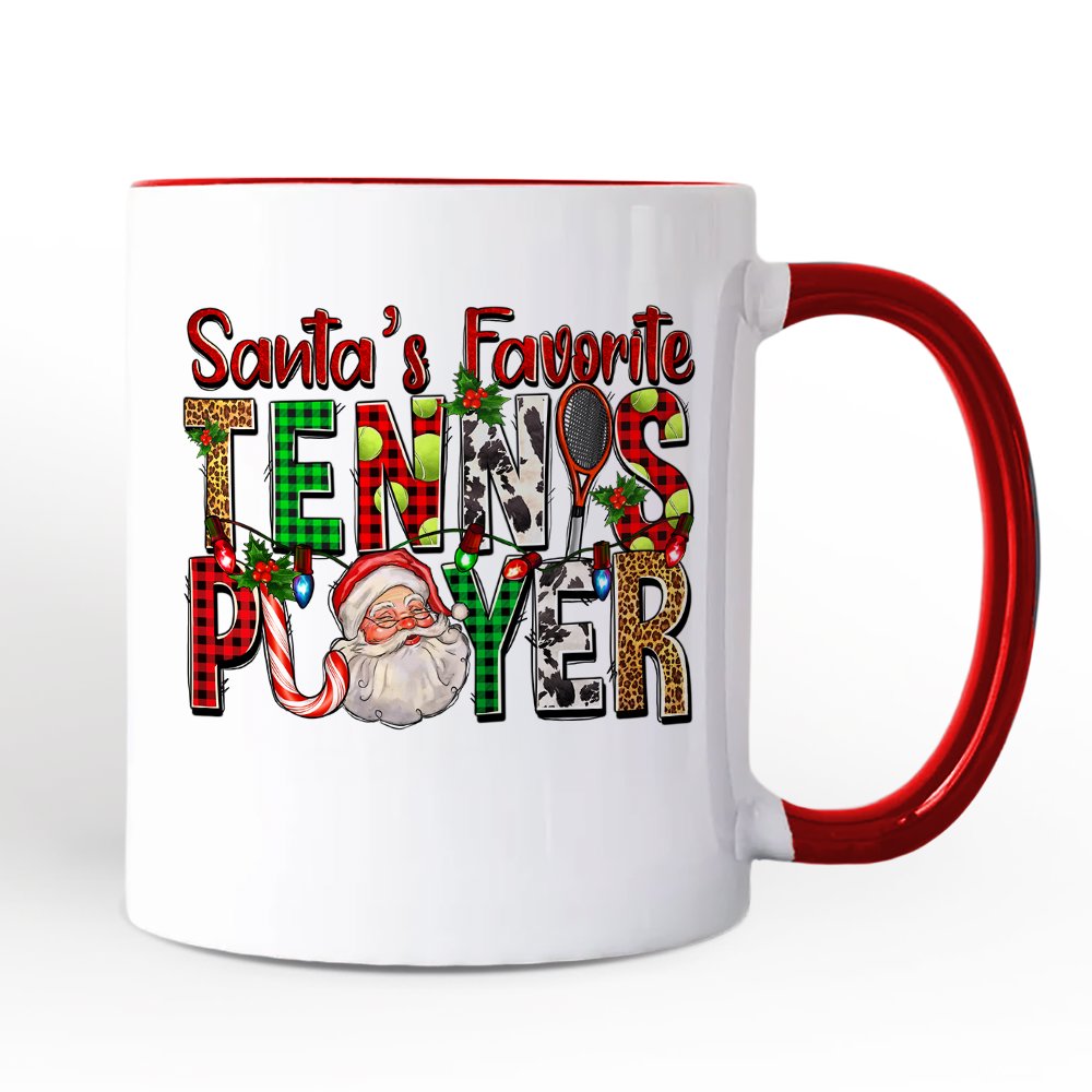 Santa's Favorite Tennis Player Personalized Mug, Plaid Christmas Athelete Gift with Custom Name