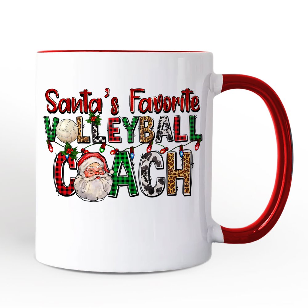 Santa's Favorite Volleyball Coach Personalized Mug, Plaid Christmas Sports Gift with Custom Name