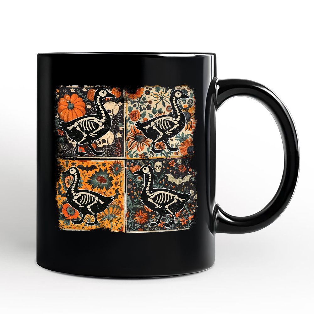 Skeleton Goose Patchwork Personalized Mug, Floral Halloween Gift with Custom Name