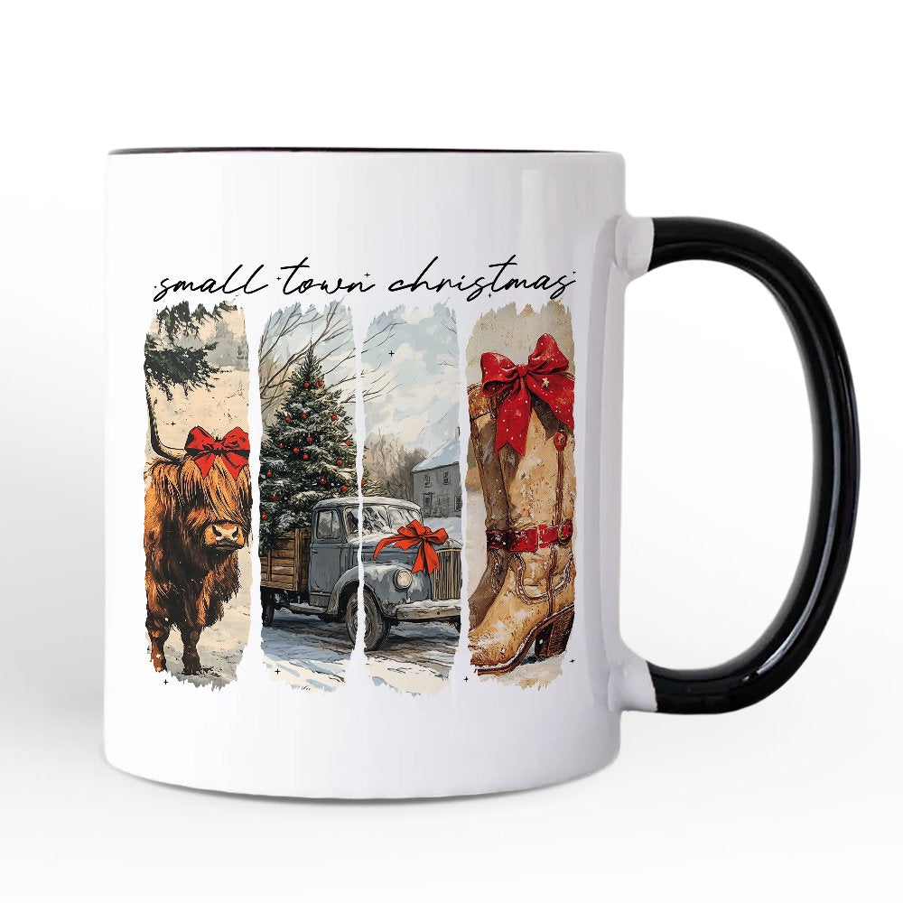Small Town Christmas Personalized Mug, Highland Cow Rustic Western Cowgirl Holiday Gift with Custom Name