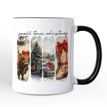 Small Town Christmas Personalized Mug, Highland Cow Rustic Western Cowgirl Holiday Gift with Custom Name