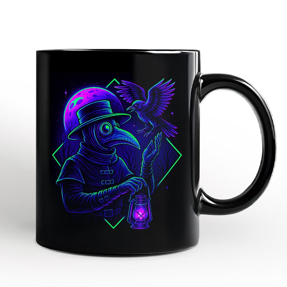 Vaporwave Plague Doctor Personalized Mug, Retro Neon Horror Vibes Halloween Gift with Custom Name