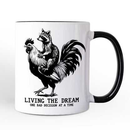 Living the Dream Funny Rooster and Raccoon Personalized Mug, Sarcastic Quote Gift with Custom Name