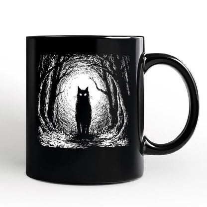 Haunted Forest Black Cat Personalized Mug, Spooky Halloween Night Gift with Custom Name