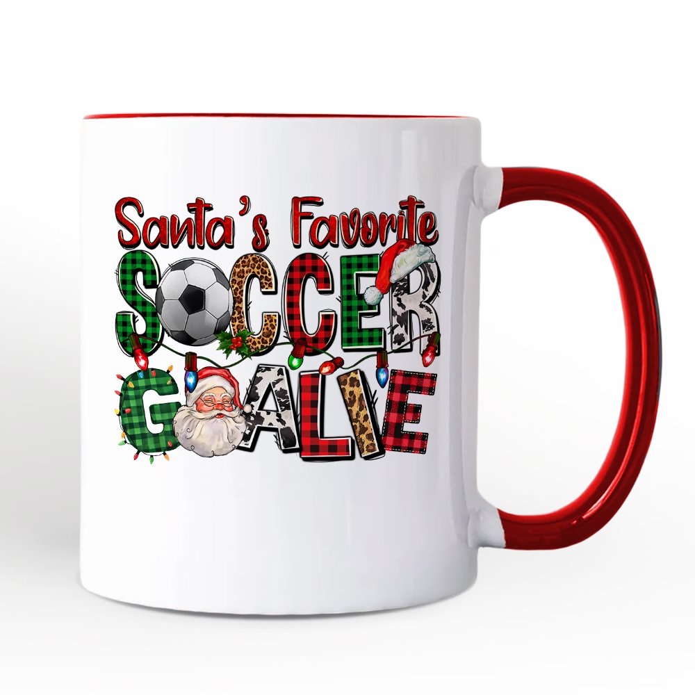 Santa's Favorite Soccer Goalie Personalized Mug, Plaid Christmas Football Gift with Custom Name