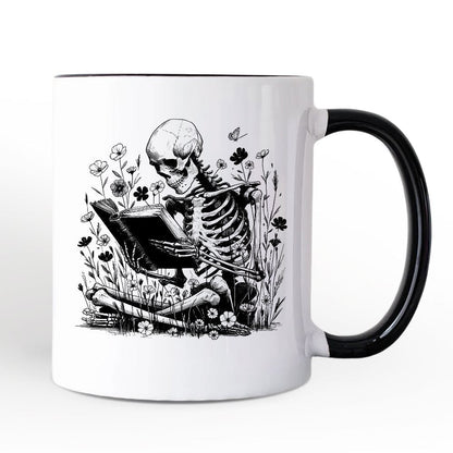 Gothic Reading Skeleton Personalized Mug, Floral Halloween Gift with Custom Name