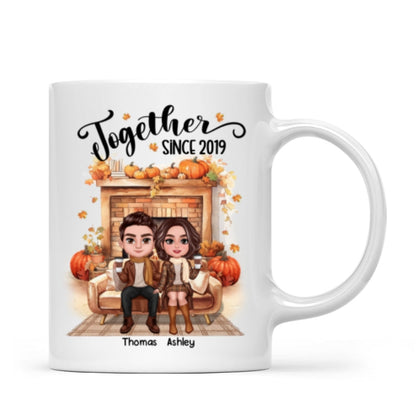 Fall Season Doll Couple Fireplace Personalized Mug
