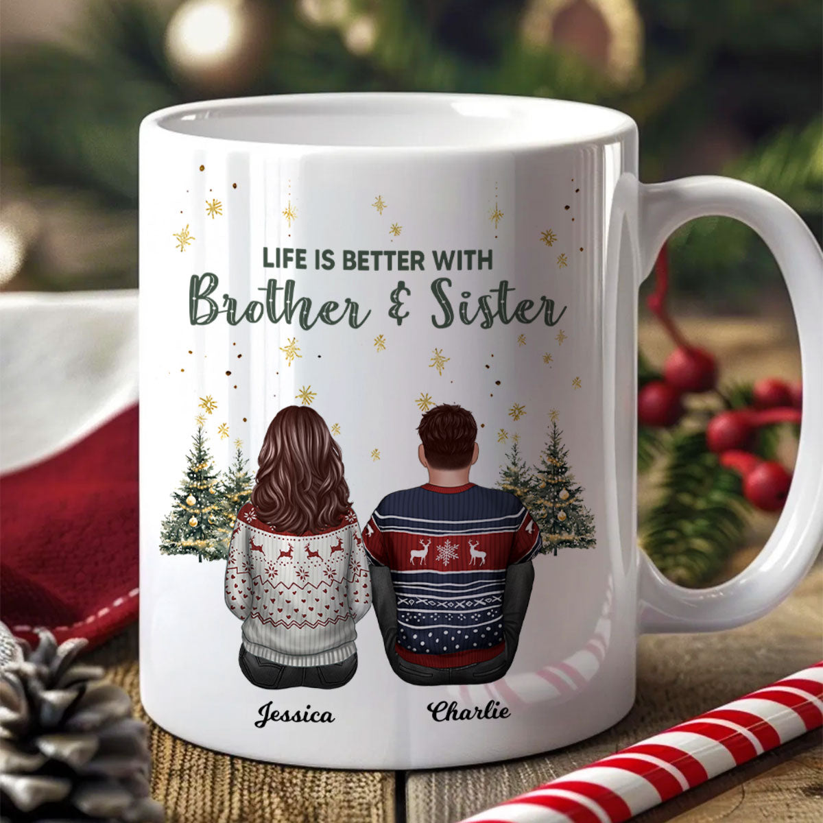 Brother Sisters Christmas Tree Personalized Mug, Christmas Gift for Siblings