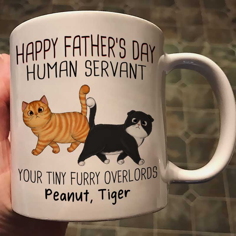 Happy Father's Day Human Servant Walking Fluffy Cats Gift For Cat Dad Personalized Mug
