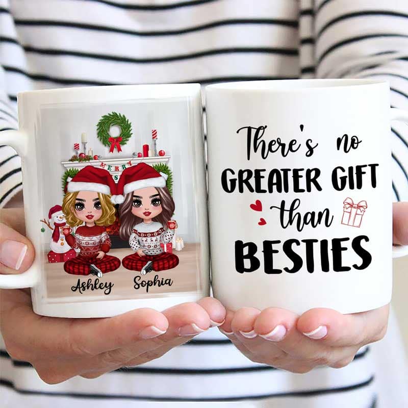 Christmas Doll Besties Sitting At Fireplace Personalized Mug