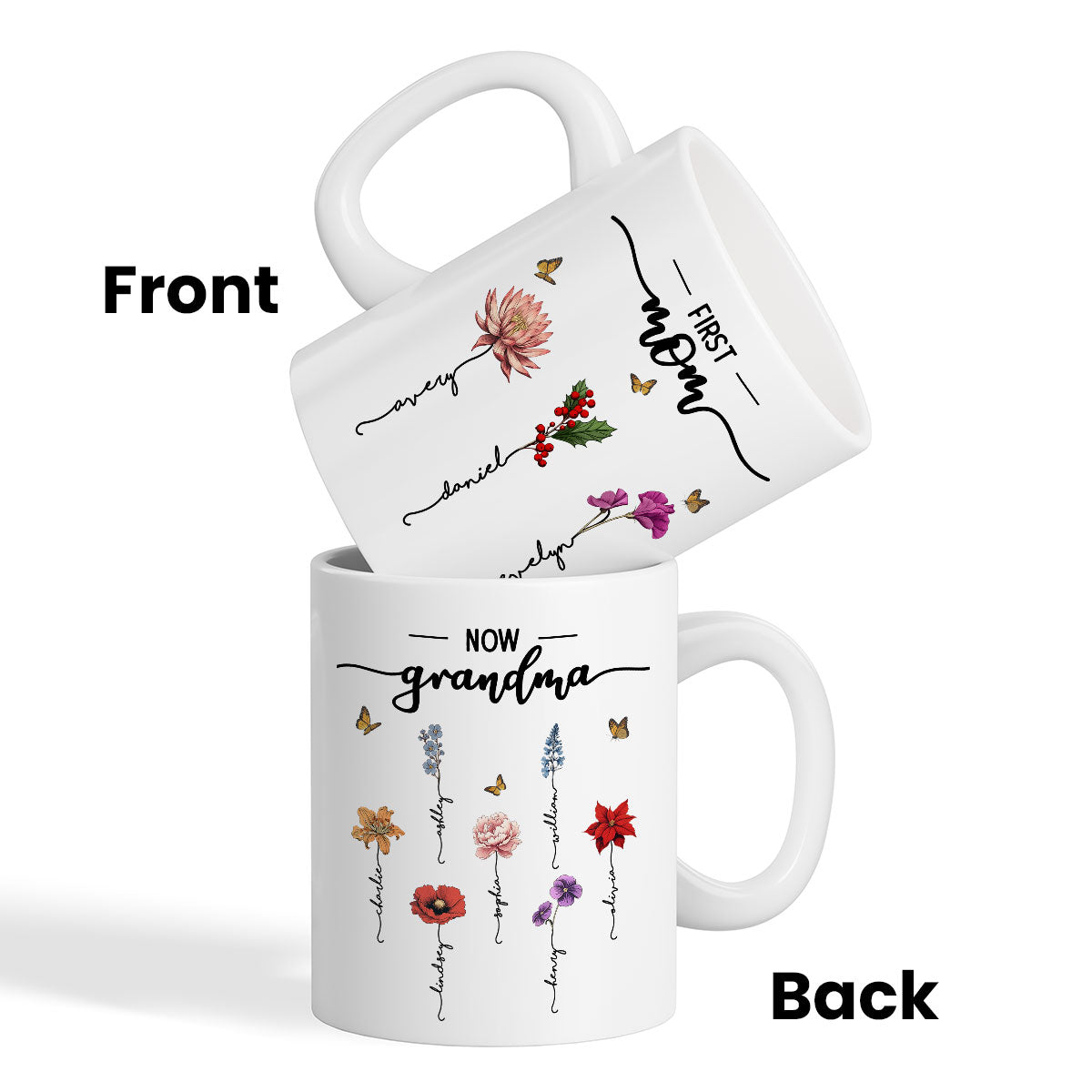 First Mom Now Grandma Birth Flower Personalized Mug
