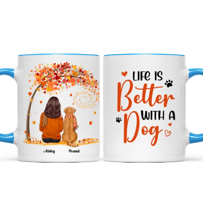 Life Is Better With Dogs Fall Season Woman Sitting Personalized Mug