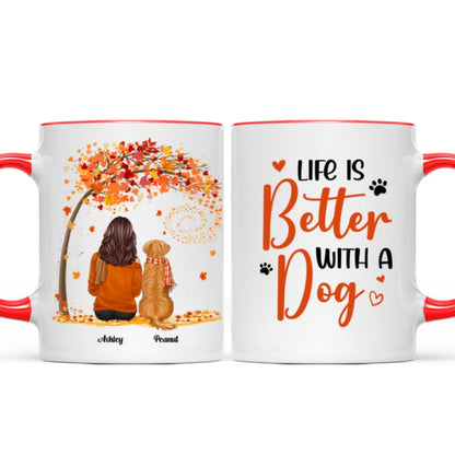 Life Is Better With Dogs Fall Season Woman Sitting Personalized Mug