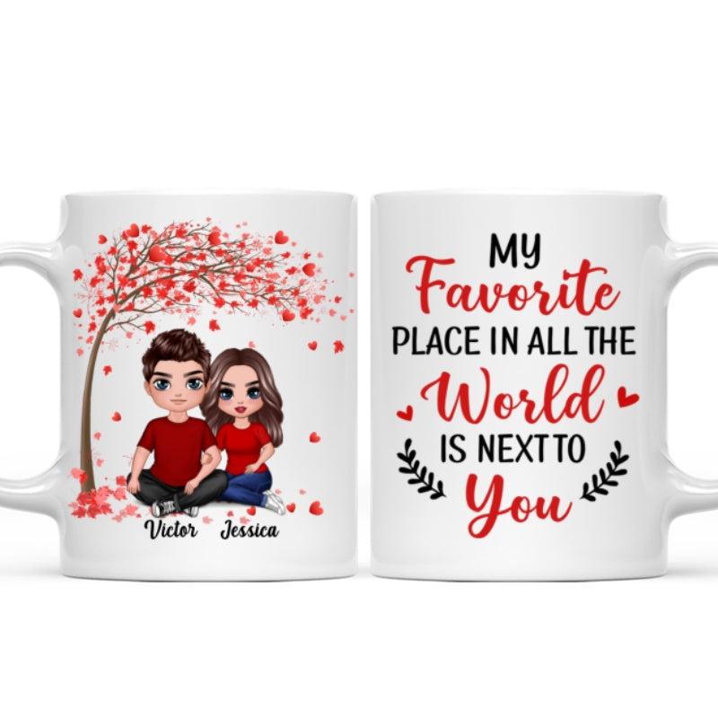 Embracing Couple Sitting Under Red Tree Personalized Mug