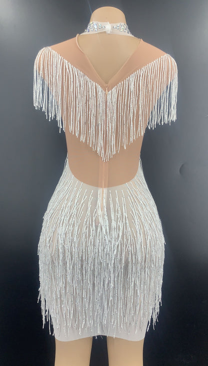 Rhinestone Tassel Mesh Mini Dresses