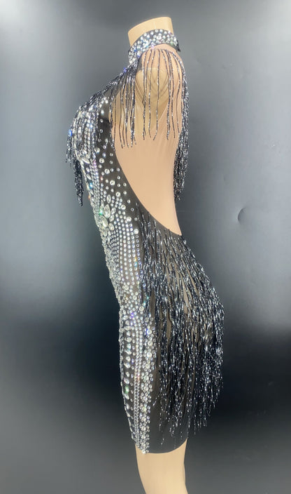 Rhinestone Tassel Mesh Mini Dresses