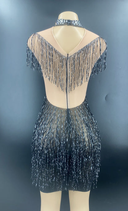 Rhinestone Tassel Mesh Mini Dresses