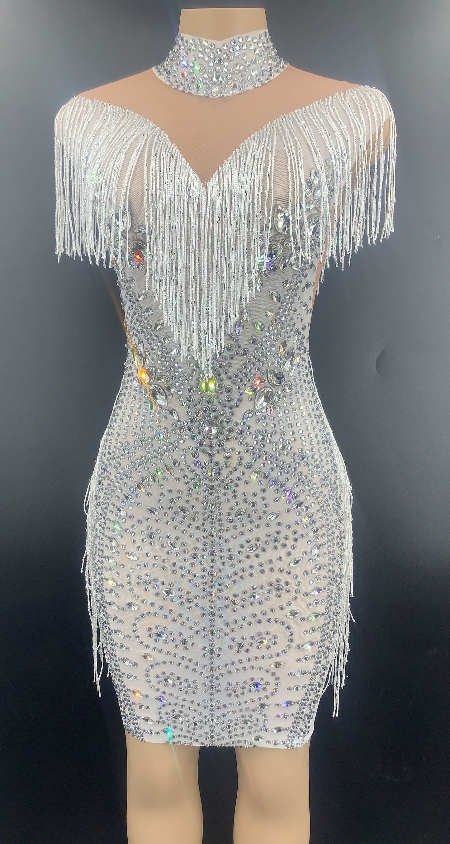 Rhinestone Tassel Mesh Mini Dresses