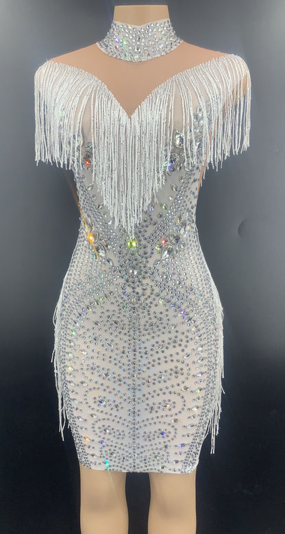 Rhinestone Tassel Mesh Mini Dresses