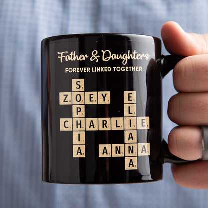 Father & Daughters Sons Forever Linked Together Crossword Puzzle Art Personalized Mug, Heartfelt Father's Day Gift For Dad