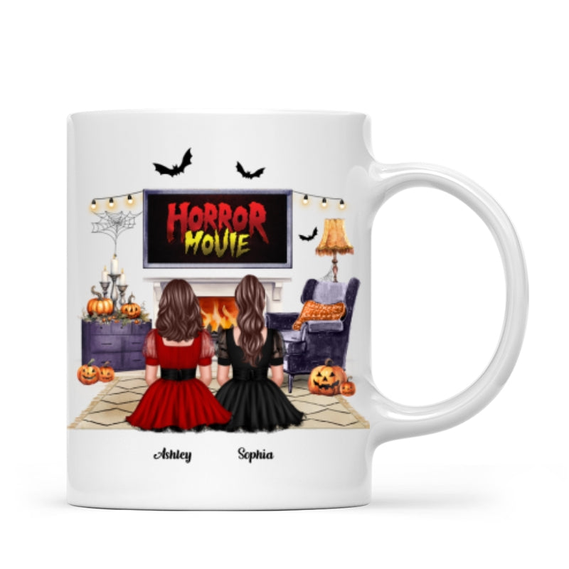 Halloween Besties Sisters Watching Horror Movie Personalized Mug