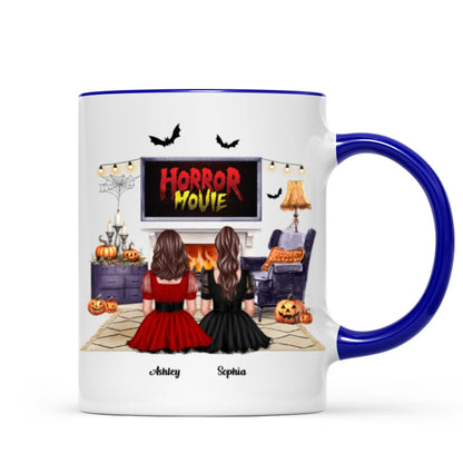 Halloween Besties Sisters Watching Horror Movie Personalized Mug