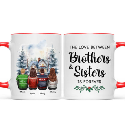 Brother Sisters Watercolor Christmas House Personalized Mug, Christmas Gift for Siblings
