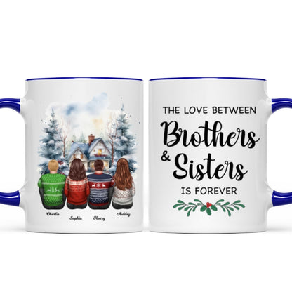Brother Sisters Watercolor Christmas House Personalized Mug, Christmas Gift for Siblings