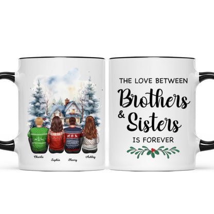 Brother Sisters Watercolor Christmas House Personalized Mug, Christmas Gift for Siblings