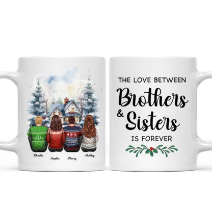 Brother Sisters Watercolor Christmas House Personalized Mug, Christmas Gift for Siblings