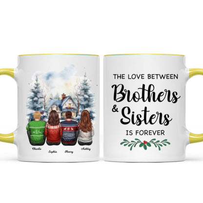 Brother Sisters Watercolor Christmas House Personalized Mug, Christmas Gift for Siblings