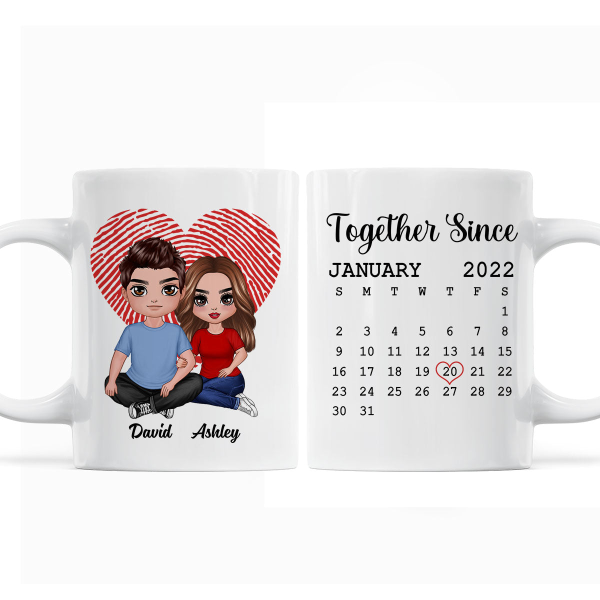 Fingerprint Heart Embracing Doll Couple Sitting Calendar Anniversary Date Gift For Him For Her Personalized Mug