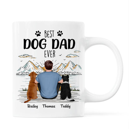 Back View Man Sitting With Dogs Best Dog Dad Ever Mountain Sketch Personalized Mug