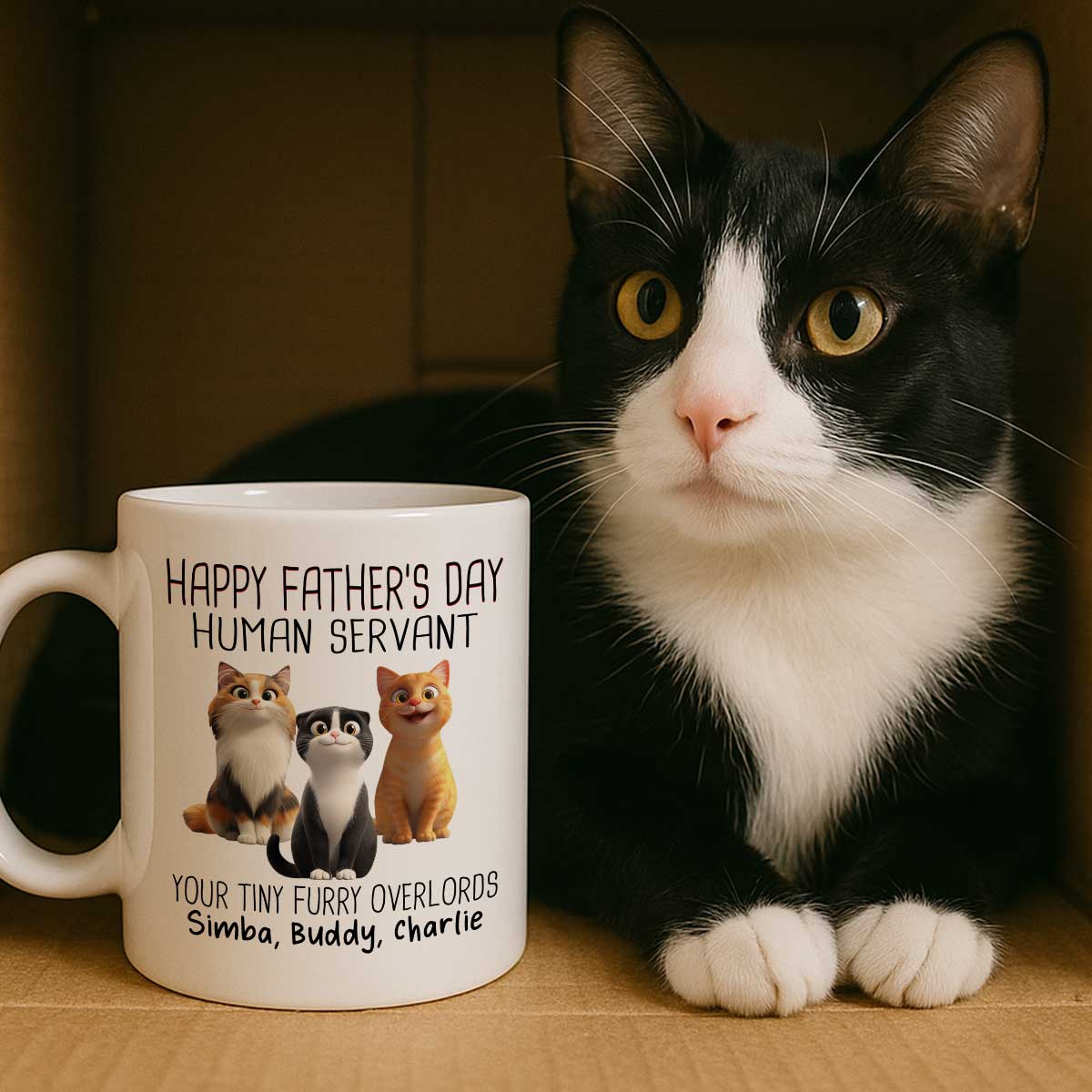 Happy Father's Day Human Servant Cartoon Funny Cats Personalized Mug, Gift For Cat Dad