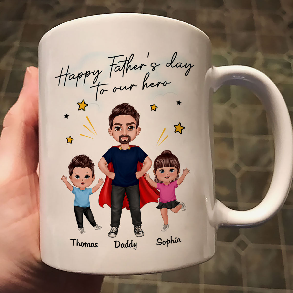 Happy Father's Day To Our Hero Super Dad & Happy Doll Kid Gift For Dad Personalized Mug