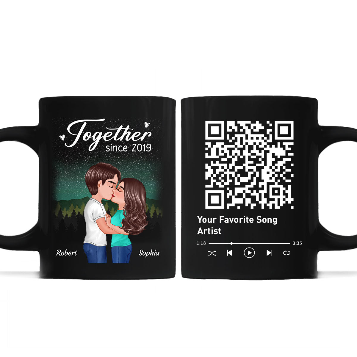 Doll Couple Kissing Under Star Night QR Code Calendar Personalized Black Mug
