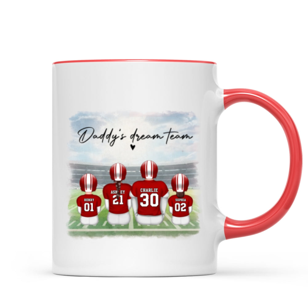 Daddy's Team Football Family Sitting Personalized Mug, Father's Day Gift For Dad, Grandpa, Husband