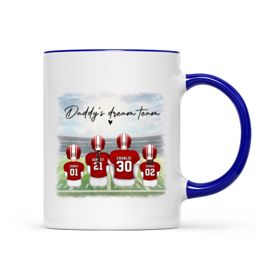 Daddy's Team Football Family Sitting Personalized Mug, Father's Day Gift For Dad, Grandpa, Husband