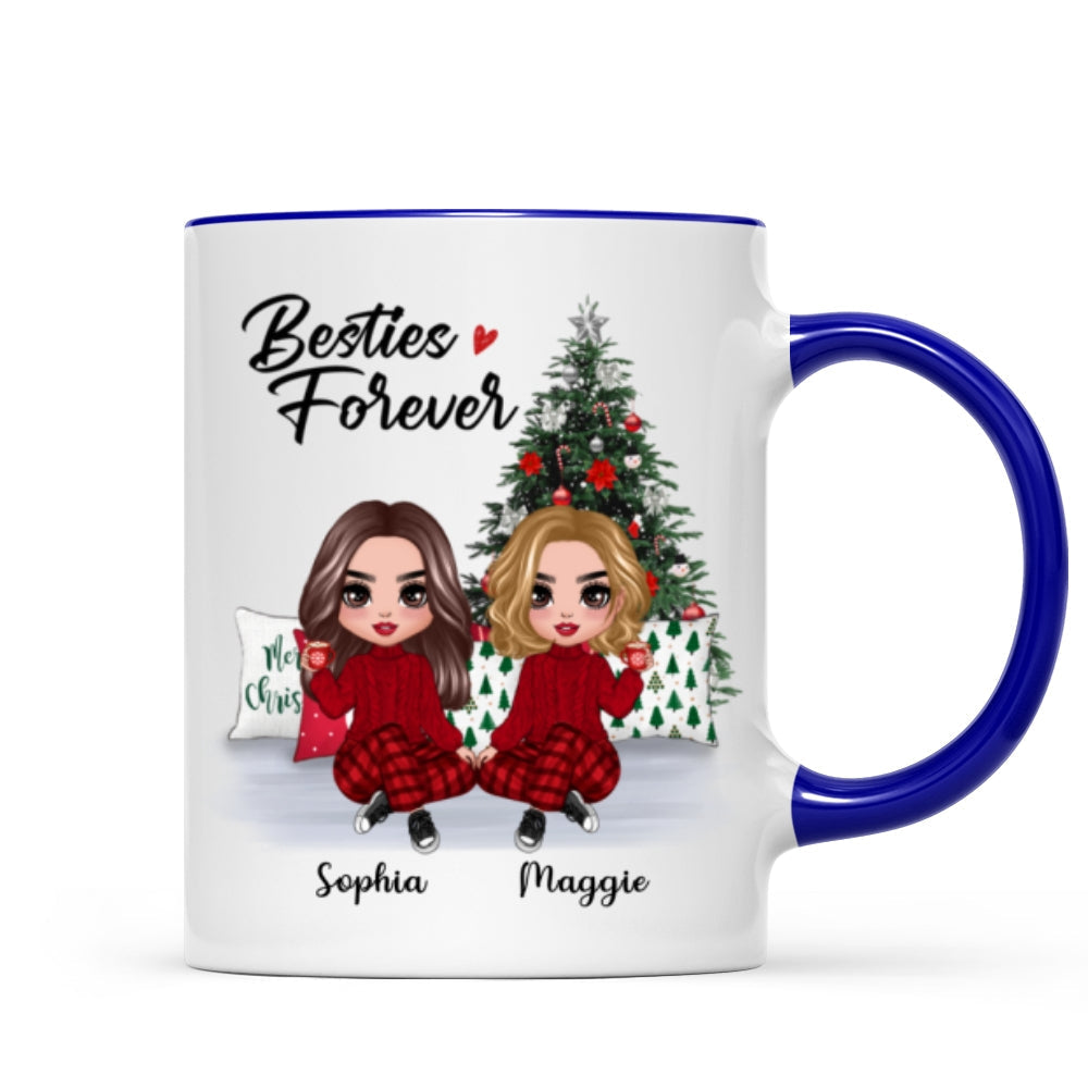 Doll Besties Best Friends Sitting Beside Christmas Tree Personalized Mug