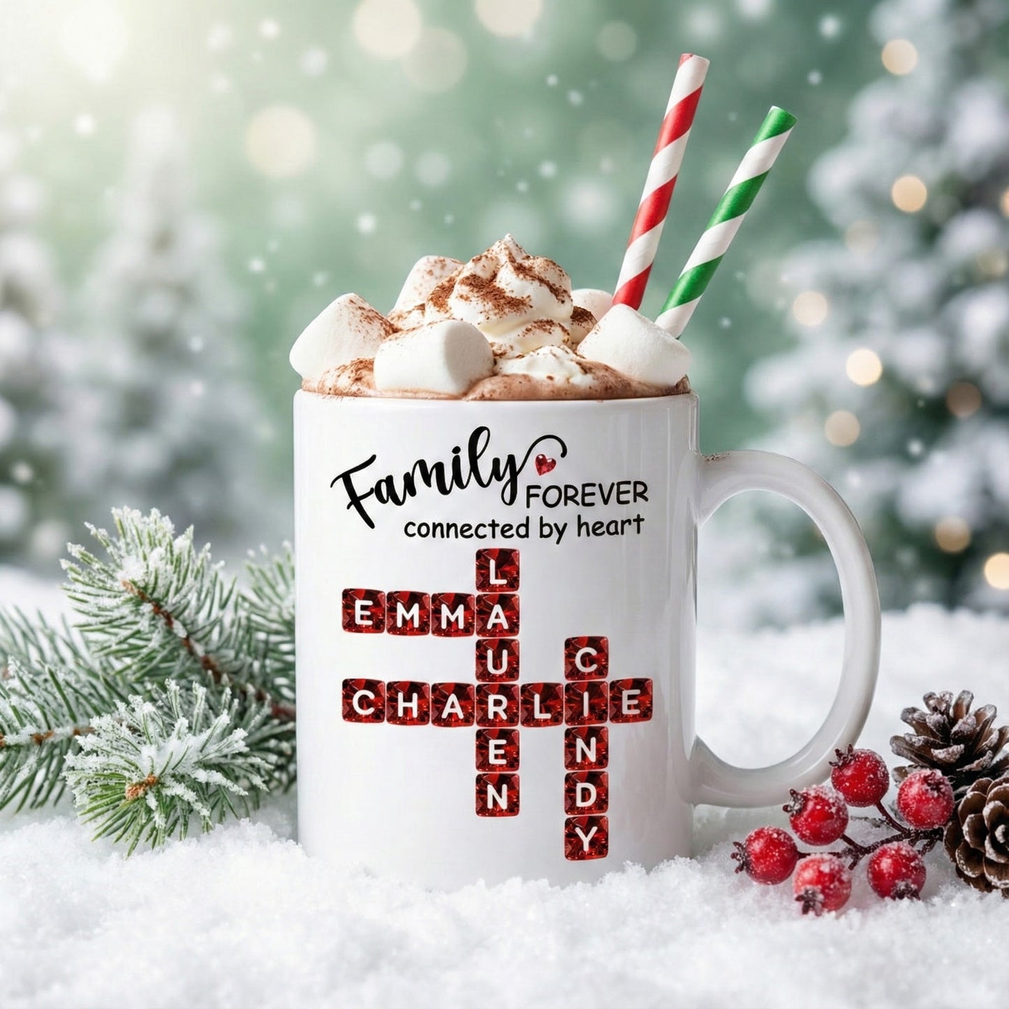 Family Forever Connected by Heart 3D Crystal Crossword - Personalized Mug - Sentimental Gift for for Loved Ones