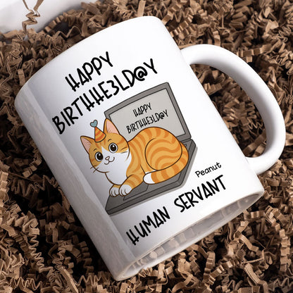 Good Morning Happy Father's Day Human Servant Funny Cats Sitting On Laptop Personalized Mug