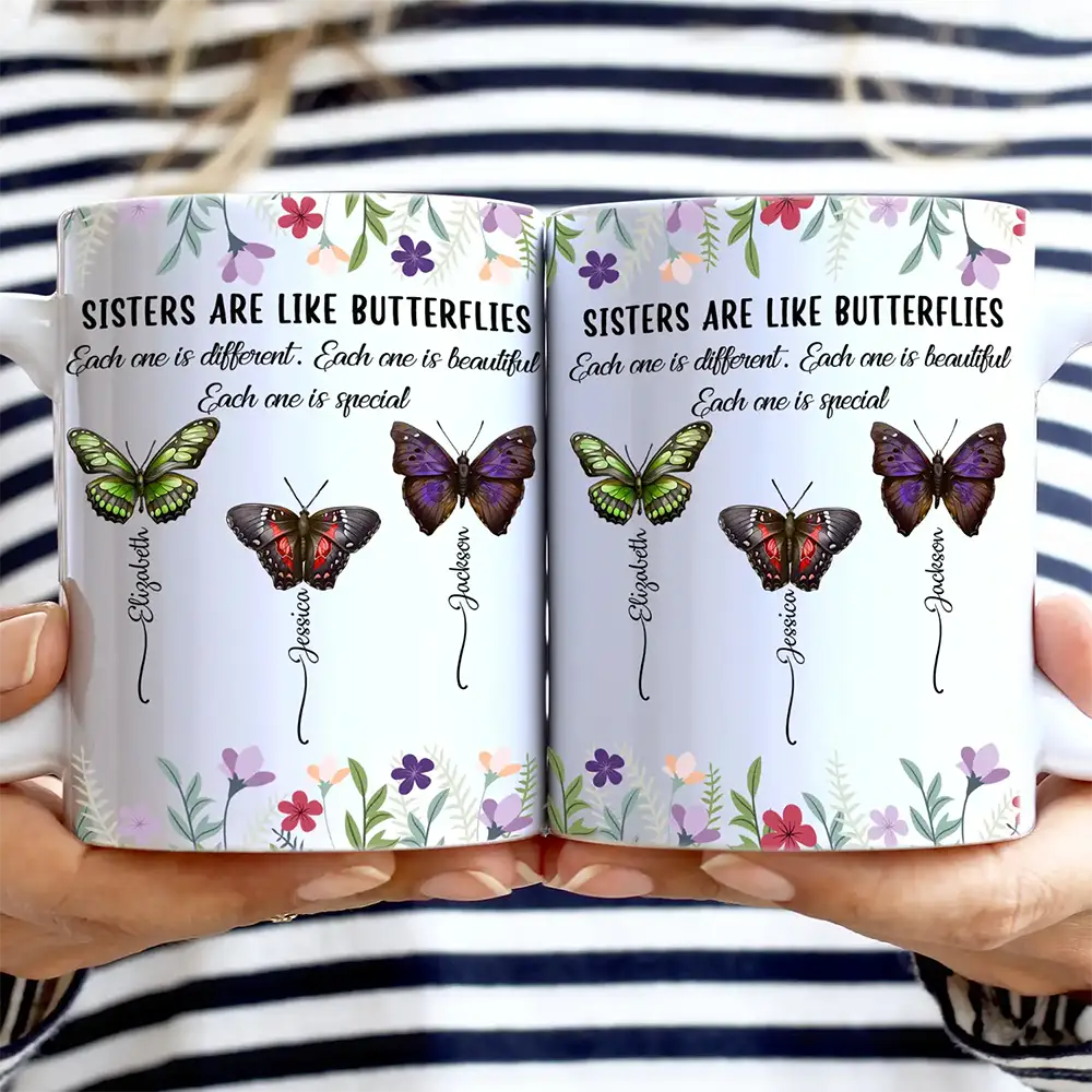 Sisters Are Like Butterflies - Personalized White Edge-to-Edge Mug